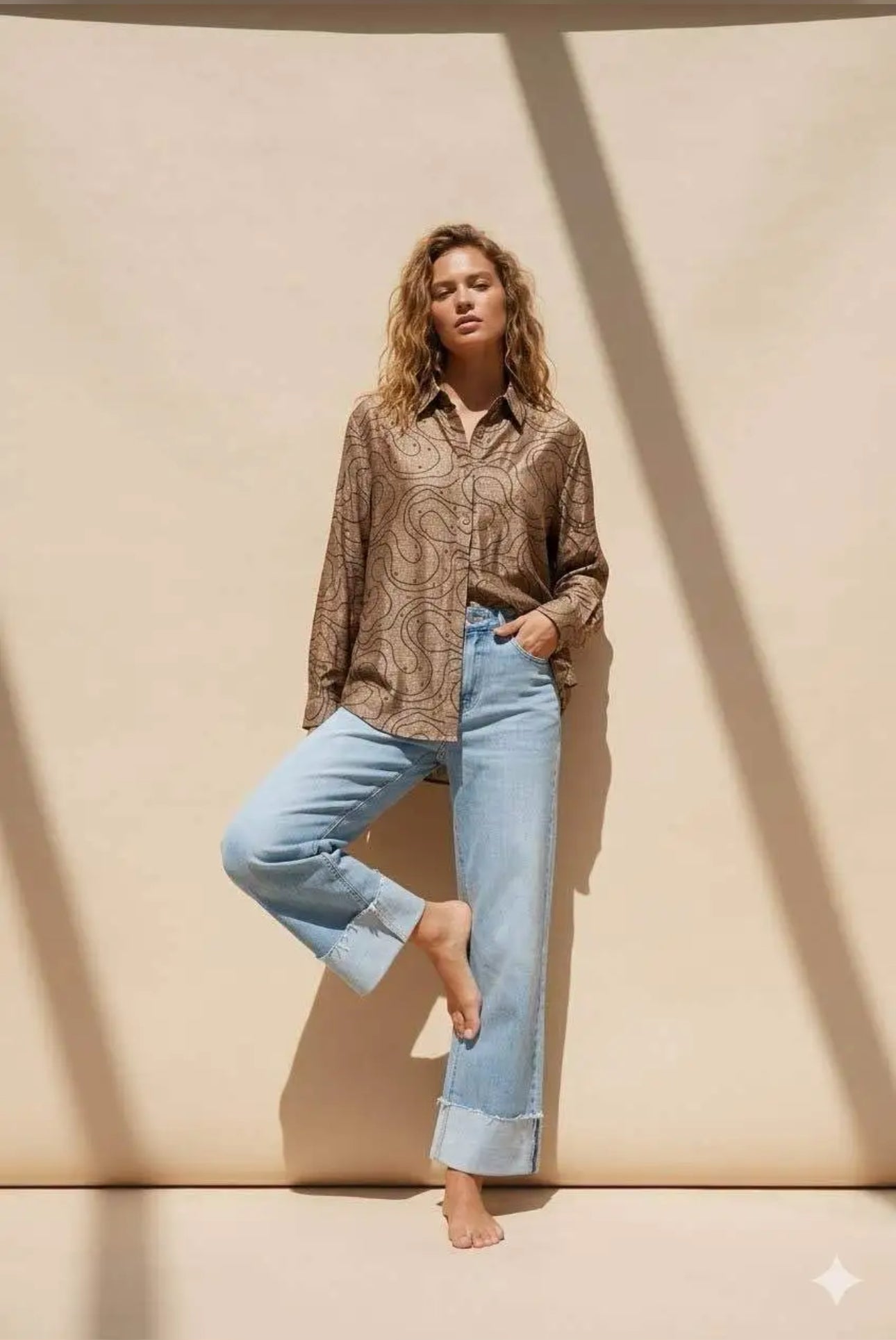 Chemise Femme Taupe Imprimé Abstrait Oversize Manches Longues