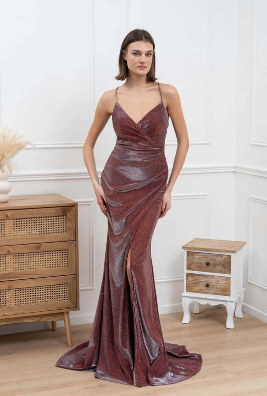 Robe de Cocktail Satinée Drapée à Bretelles
