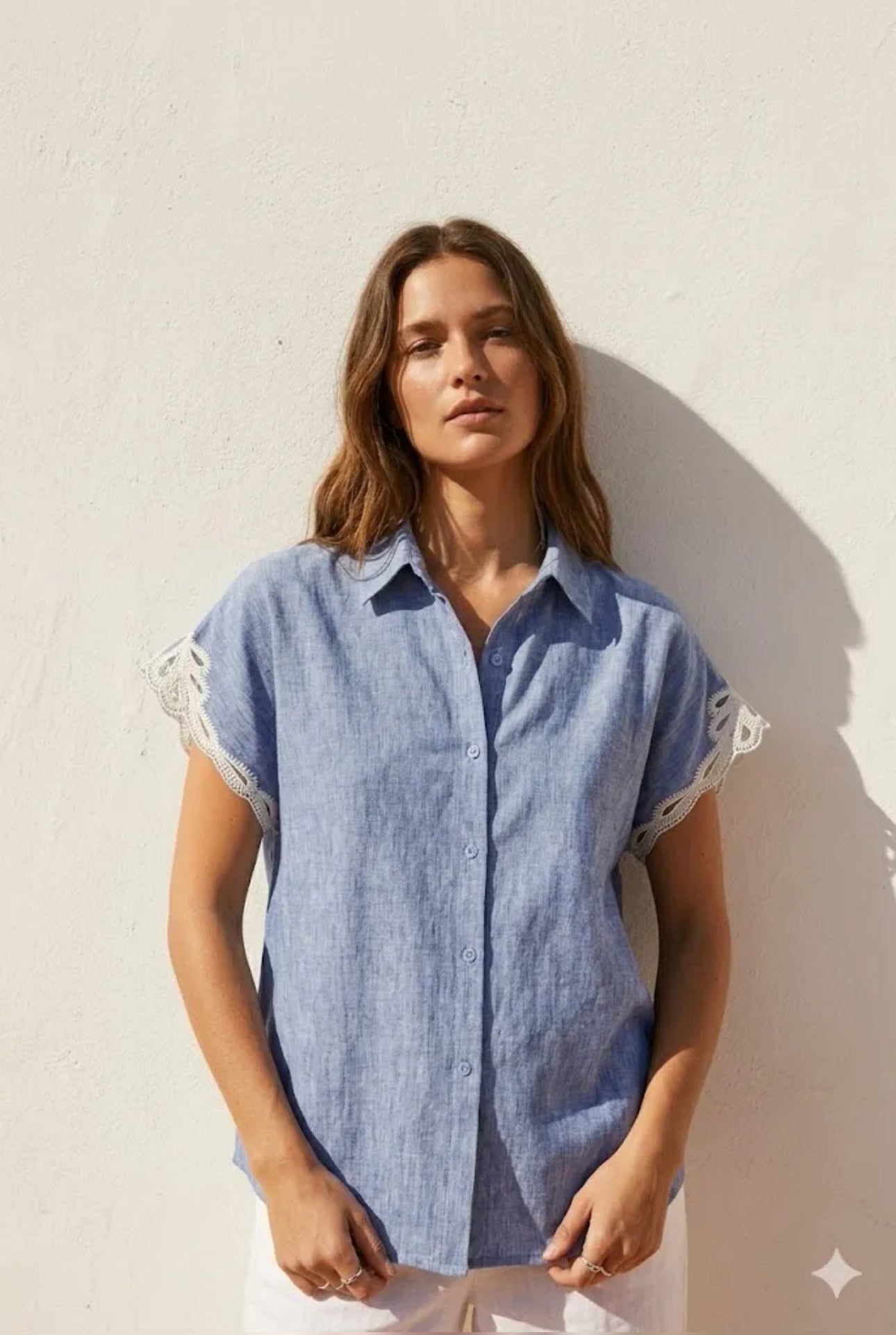 Chemise Femme Manches Courtes en Lin Bleu Chambray Dentelle Crochet
