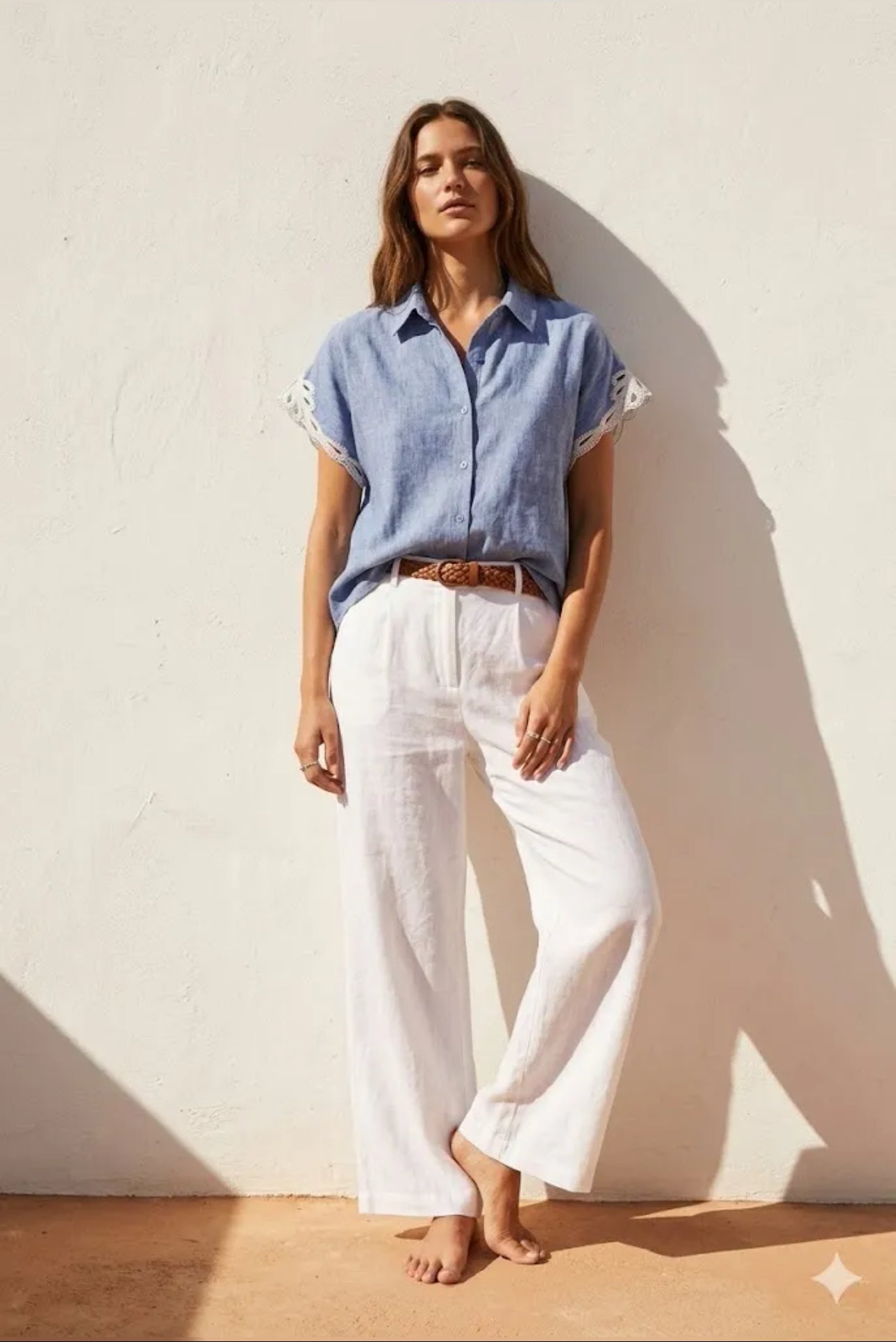 Chemise Femme Manches Courtes en Lin Bleu Chambray Dentelle Crochet