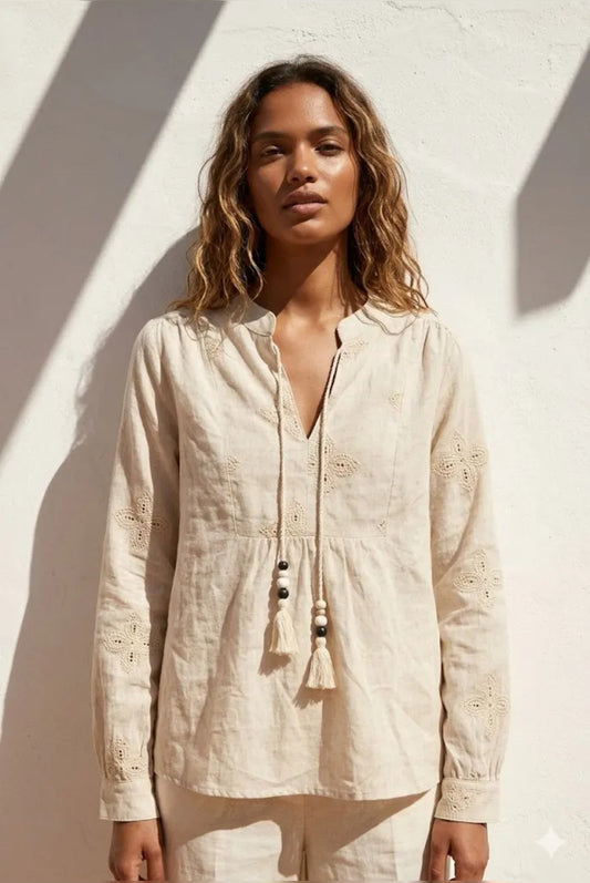 Chemise Femme Bohème Brodée Écrue Manches Longues Col Tunisien