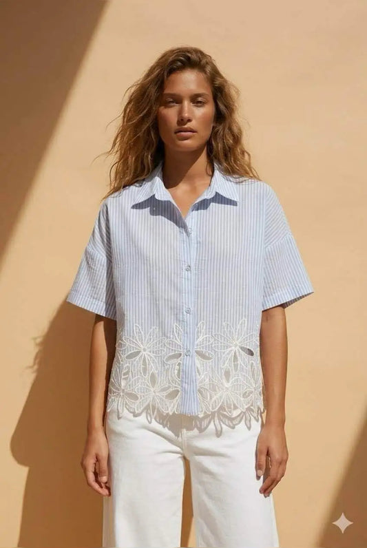 Chemise Femme Rayée Bleu Blanc Manches Courtes Dentelle Fleurie