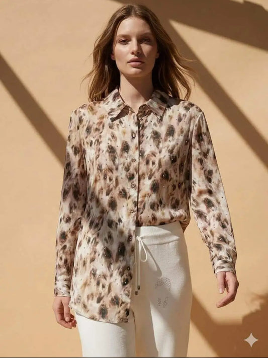Chemise Femme Imprimé Léopard Beige Manches Longues