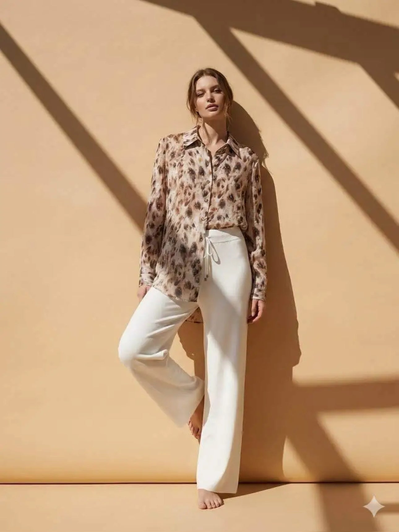 Chemise Femme Imprimé Léopard Beige Manches Longues