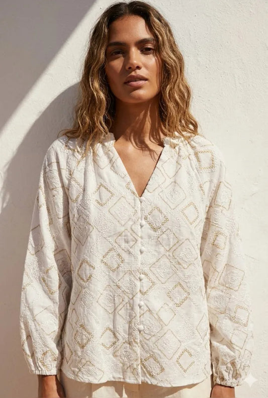 Chemise Femme Écrue Brodée Motifs Géométriques Manches Longues