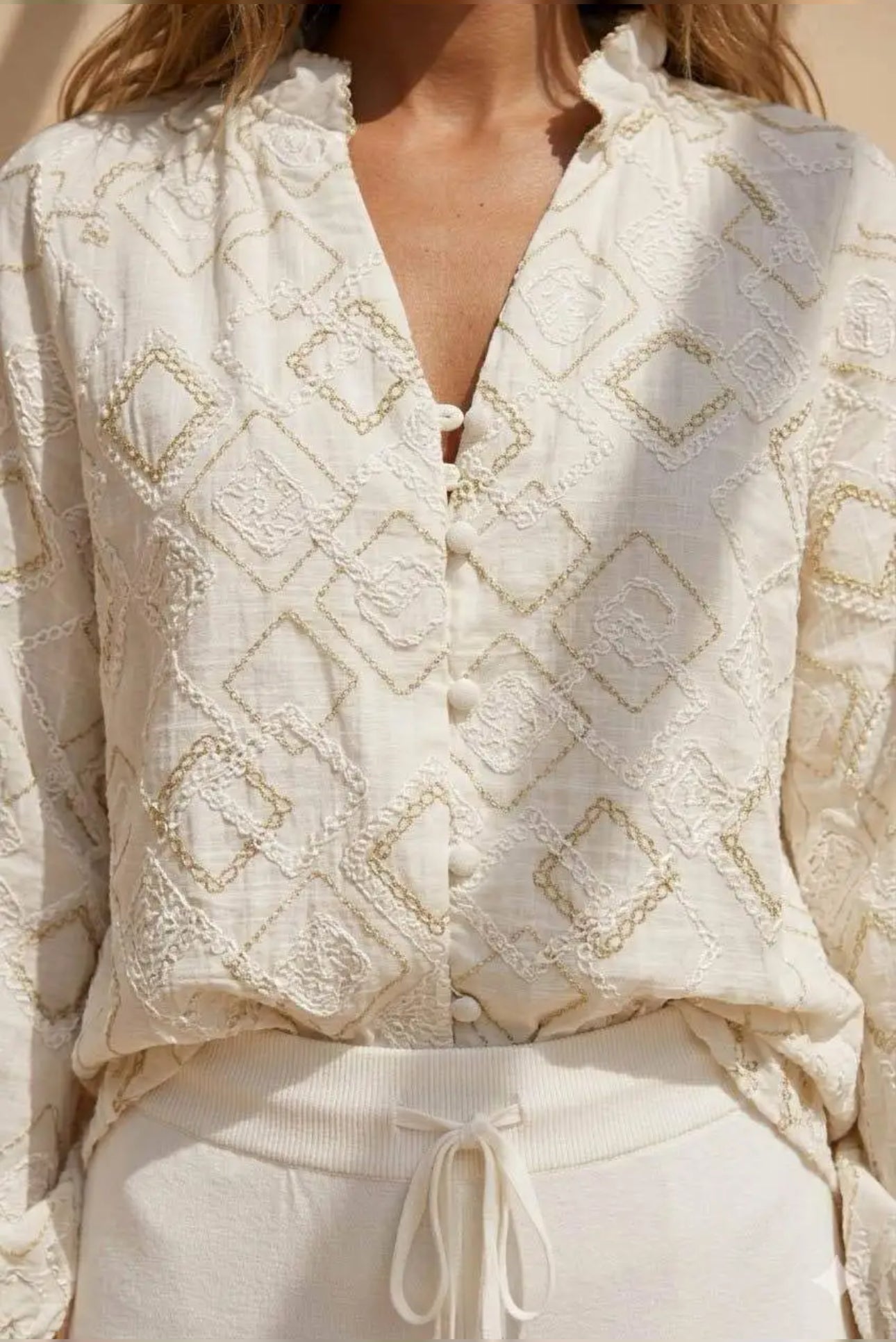 Chemise Femme Écrue Brodée Motifs Géométriques Manches Longues