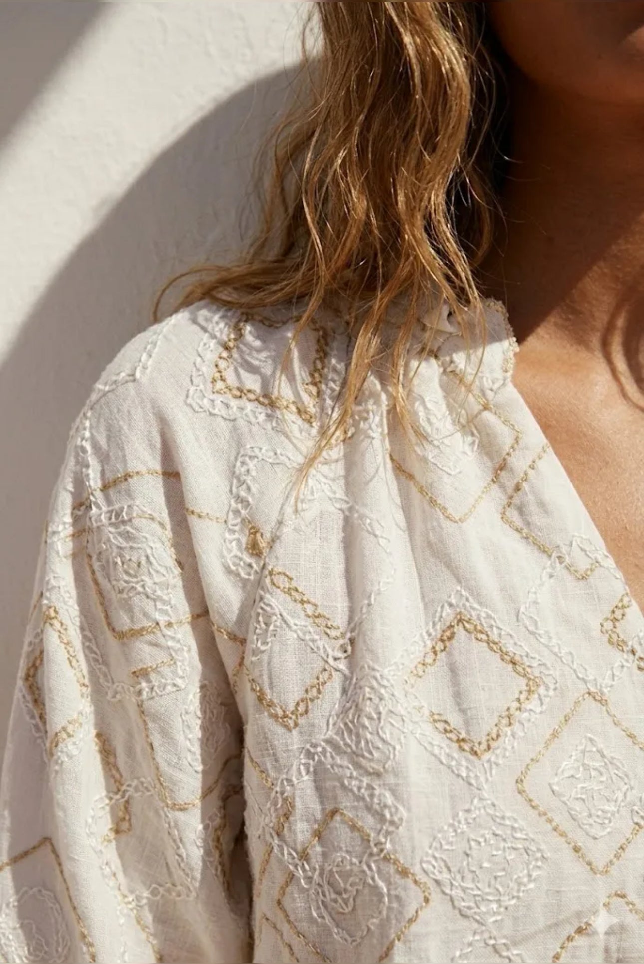 Chemise Femme Écrue Brodée Motifs Géométriques Manches Longues