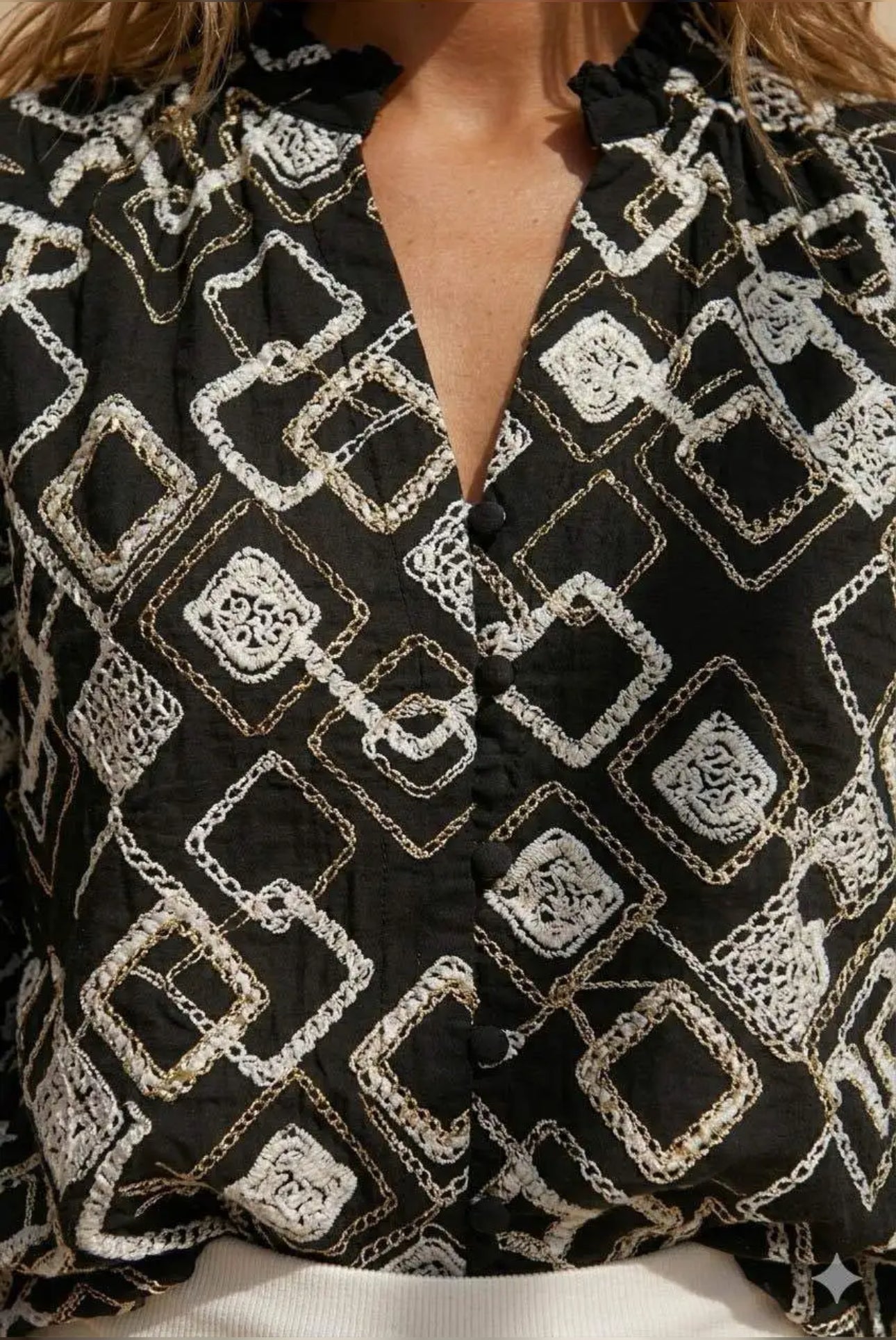 Chemise Femme Écrue Brodée Motifs Géométriques Manches Longues
