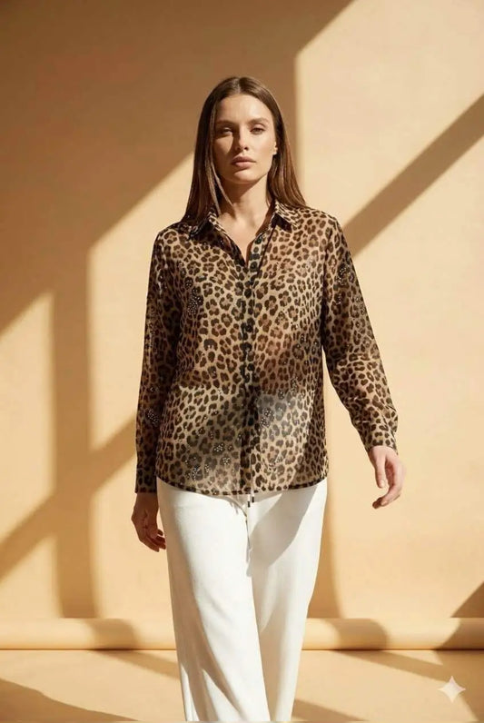 Chemise Femme Imprimé Léopard Marron Manches Longues