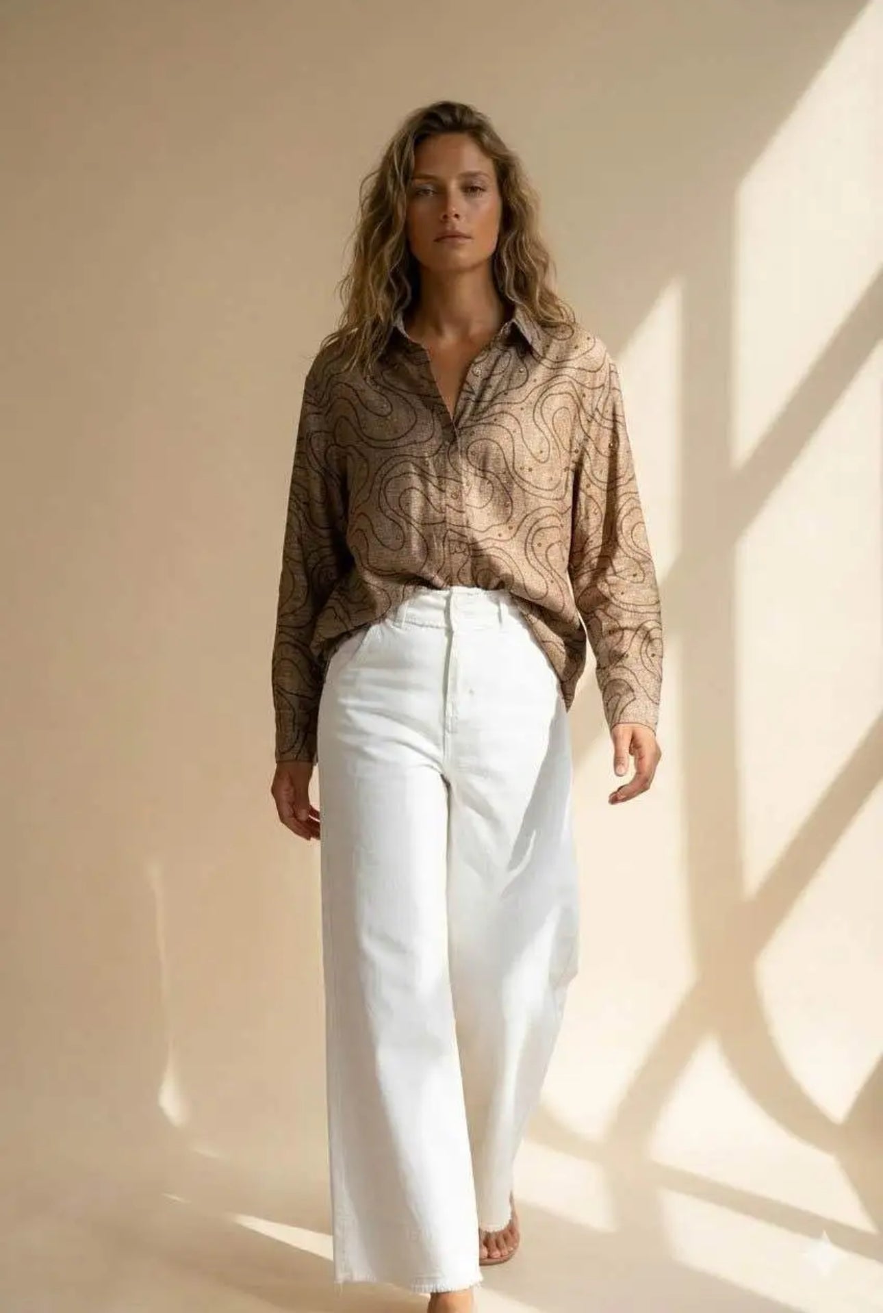 Chemise Femme Taupe Imprimé Abstrait Oversize Manches Longues