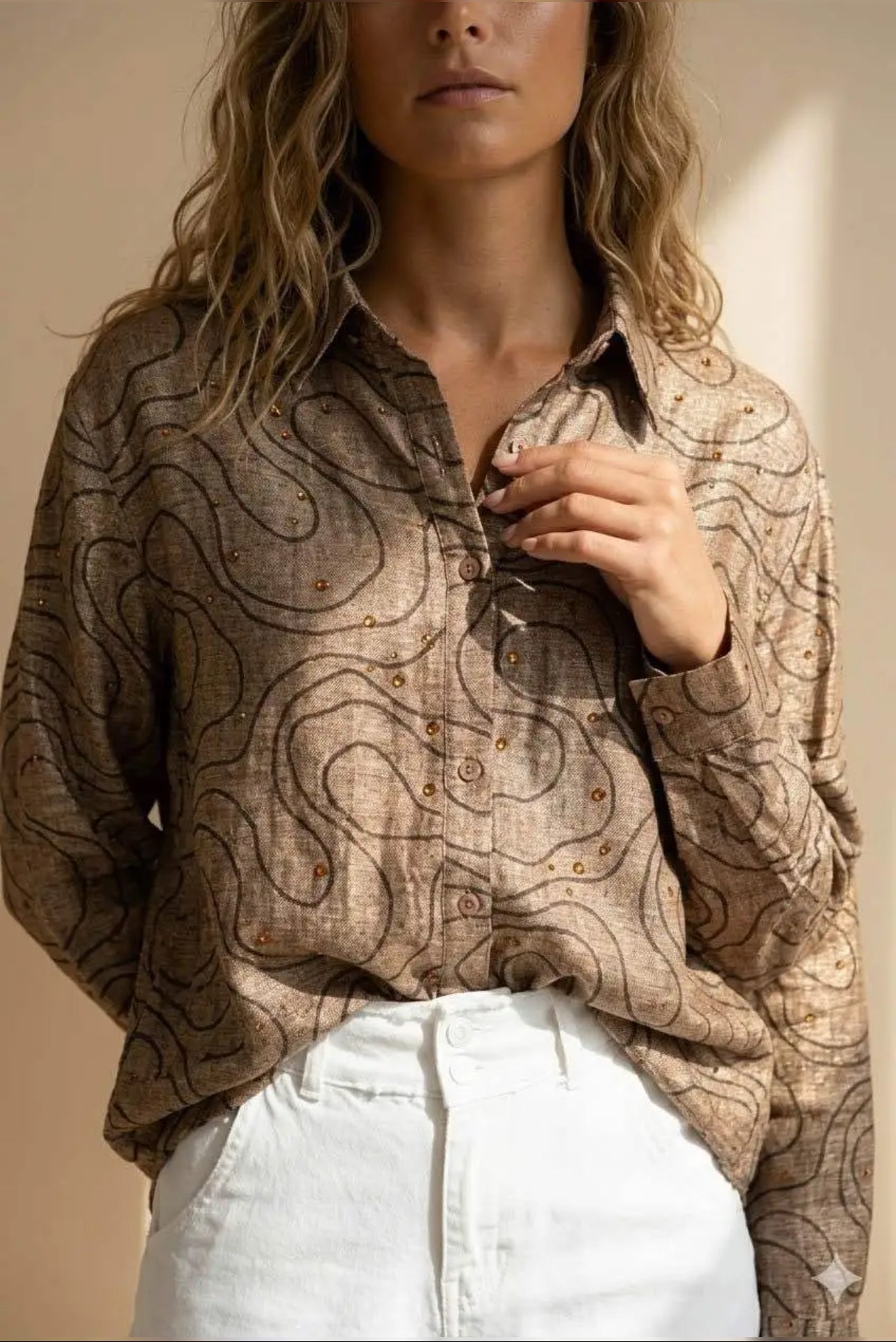 Chemise Femme Taupe Imprimé Abstrait Oversize Manches Longues