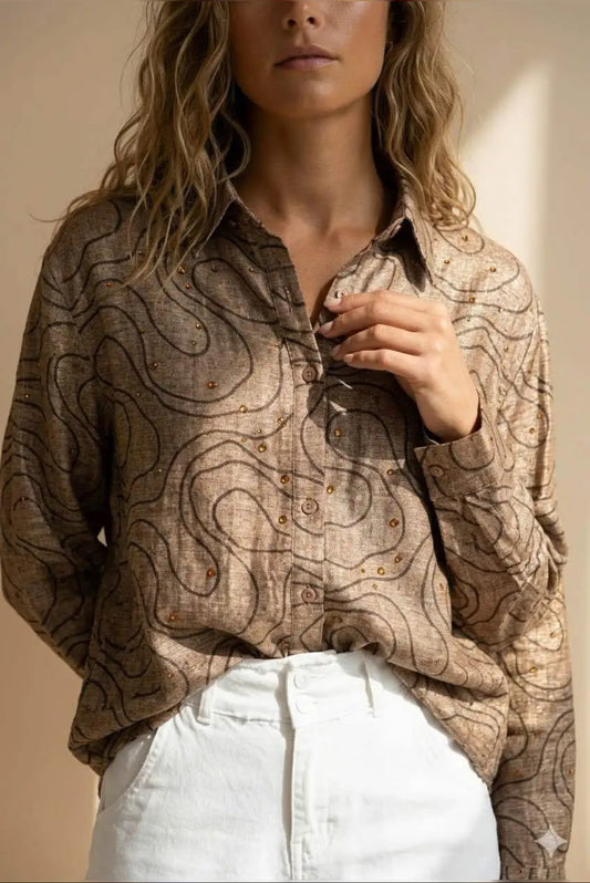 Chemise Femme Taupe Imprimé Abstrait Oversize Manches Longues