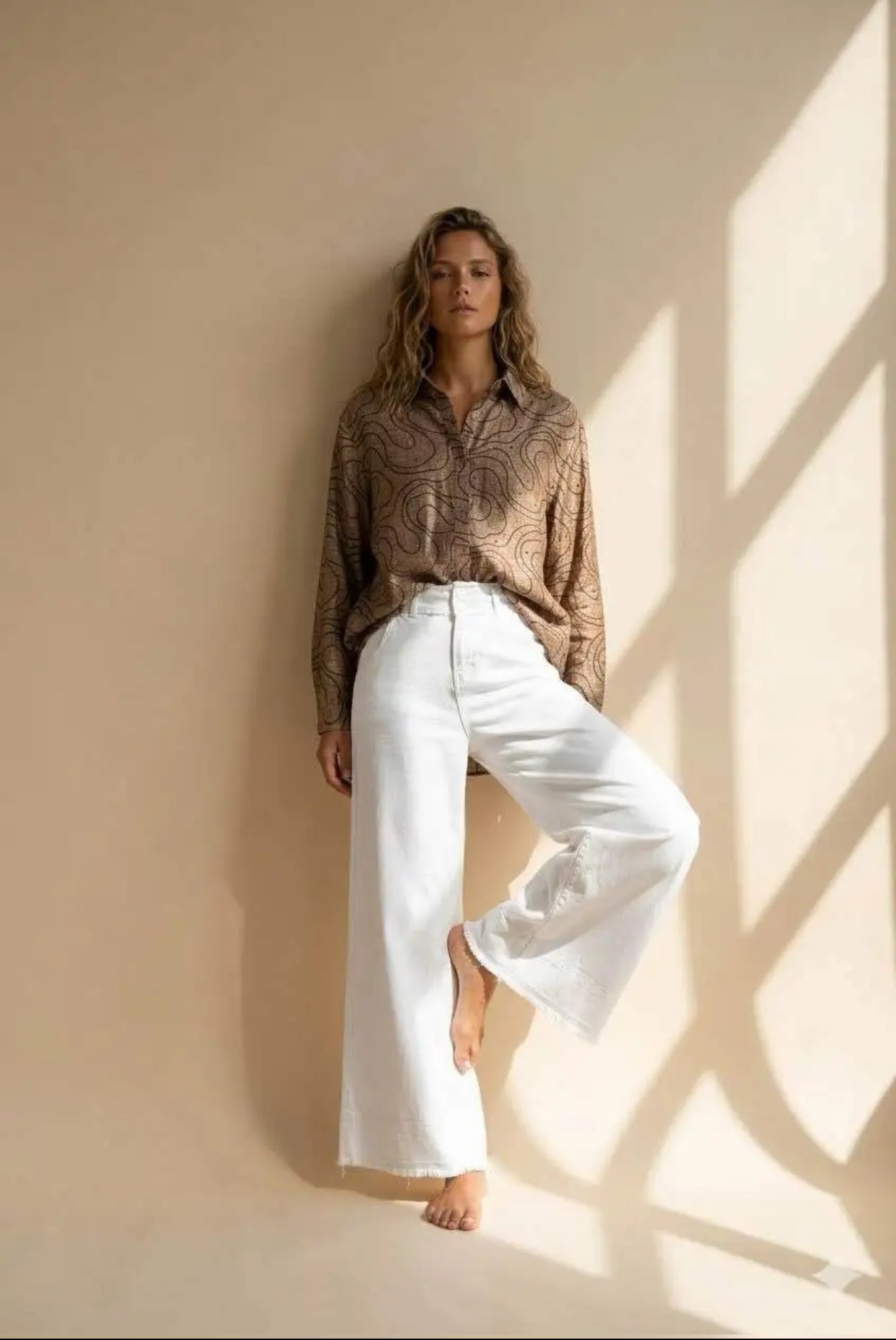 Chemise Femme Taupe Imprimé Abstrait Oversize Manches Longues