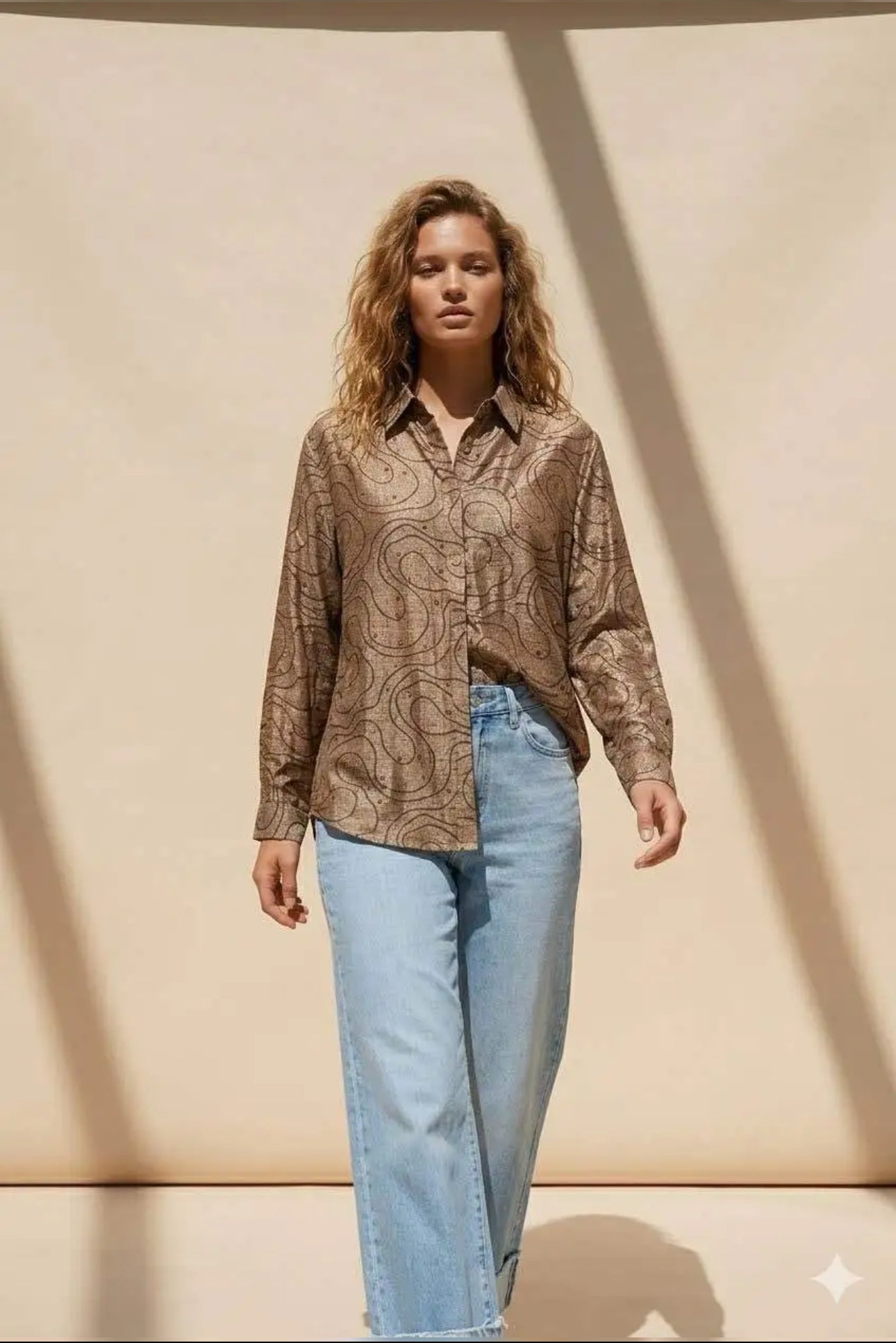 Chemise Femme Taupe Imprimé Abstrait Oversize Manches Longues