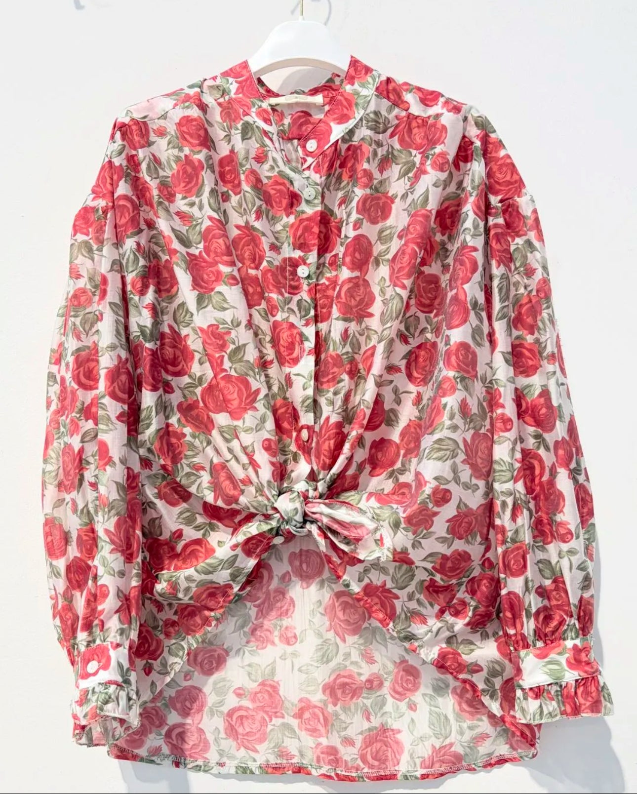 Chemise Femme Imprimé Fleurs Roses Manches Longues Volantées