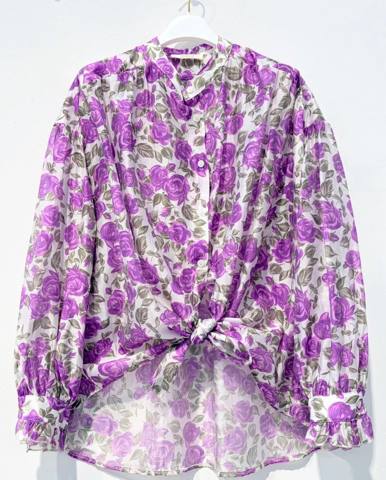 Chemise Femme Imprimé Fleurs Roses Manches Longues Volantées