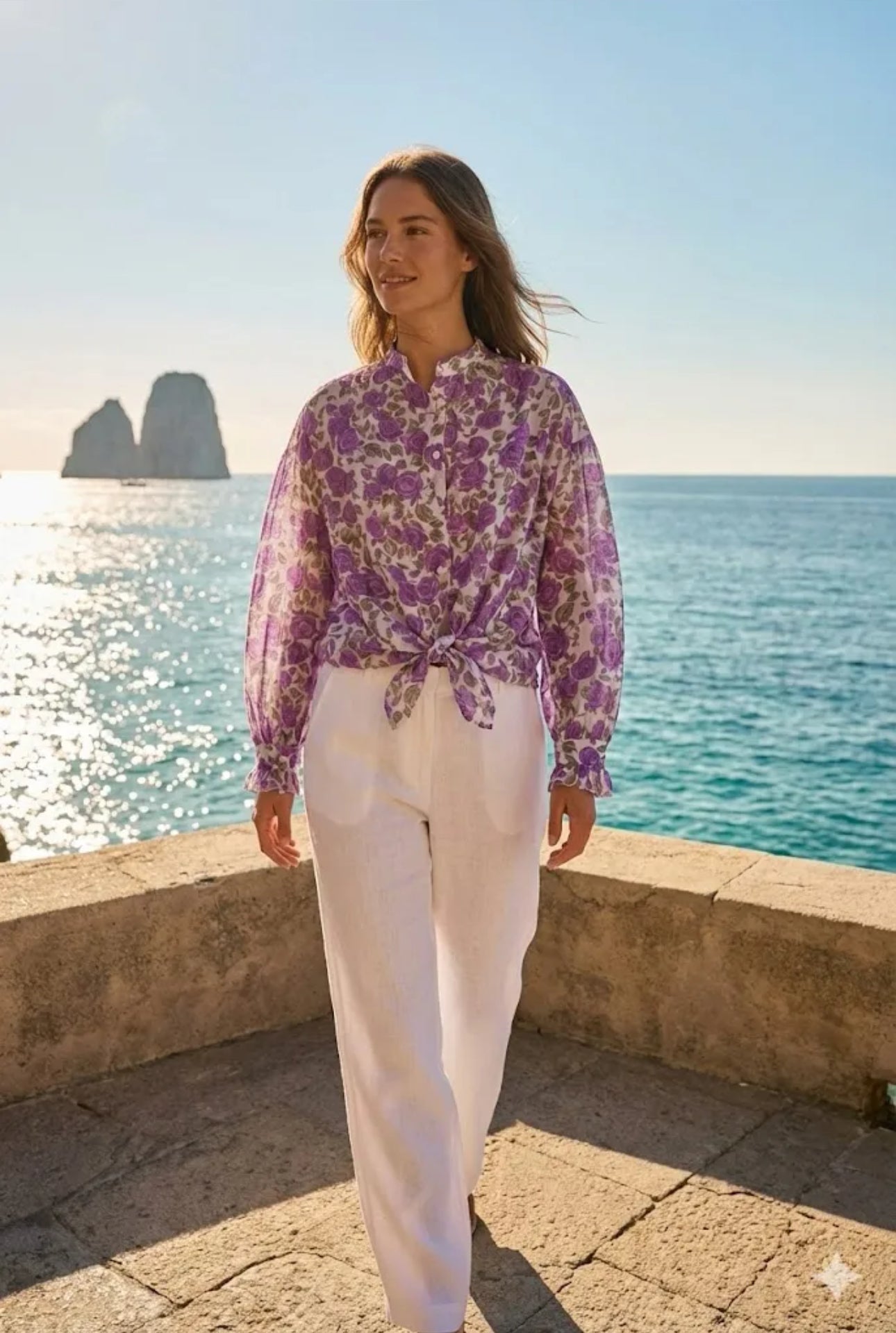 Chemise Femme Imprimé Fleurs Roses Manches Longues Volantées