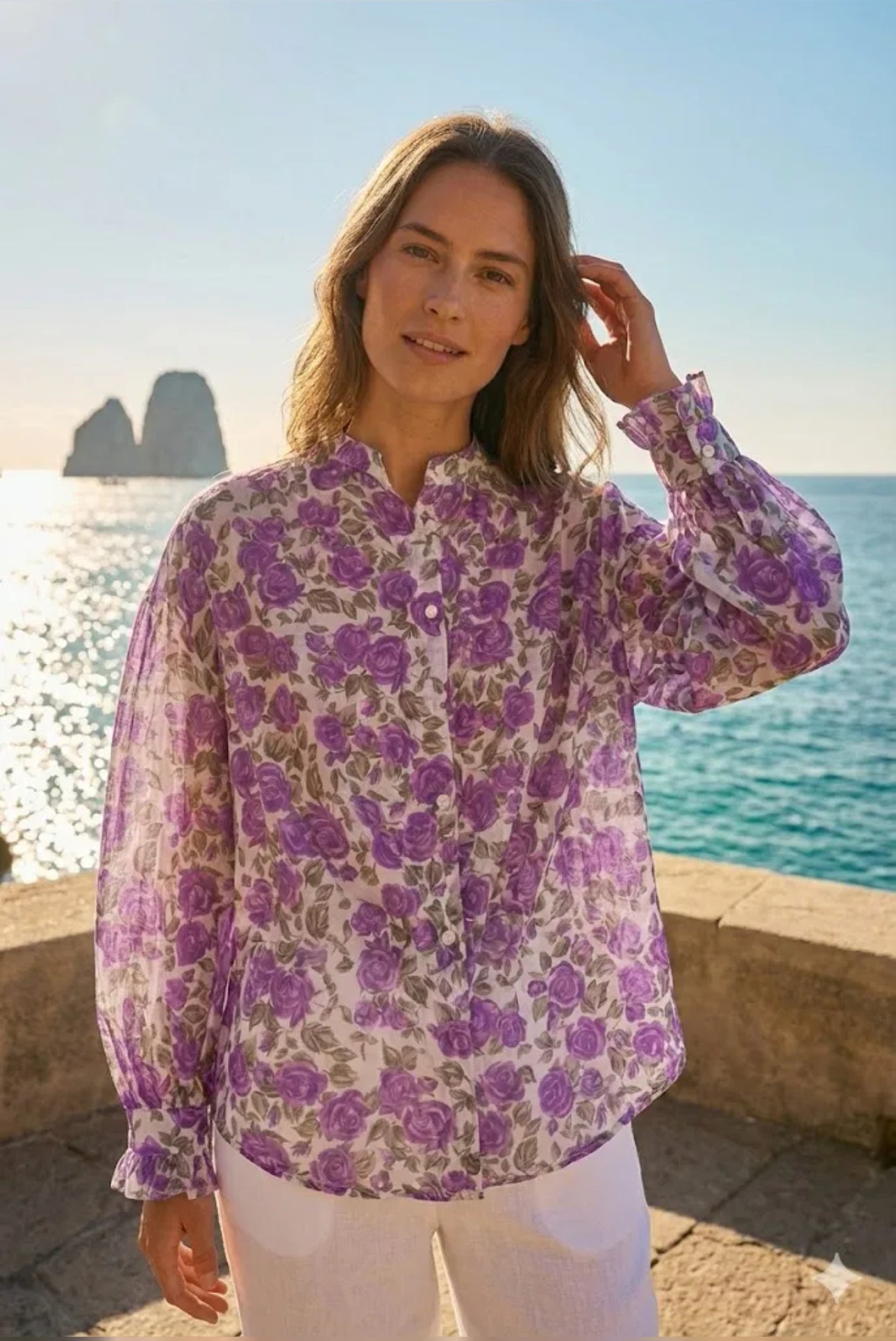 Chemise Femme Imprimé Fleurs Roses Manches Longues Volantées