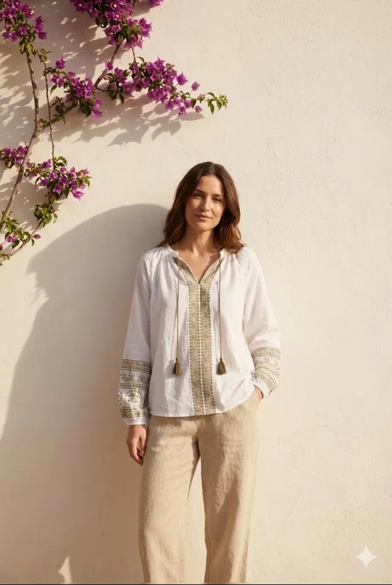 Chemise Femme Bohème Écrue Brodée Motifs Ethniques Manches Longues