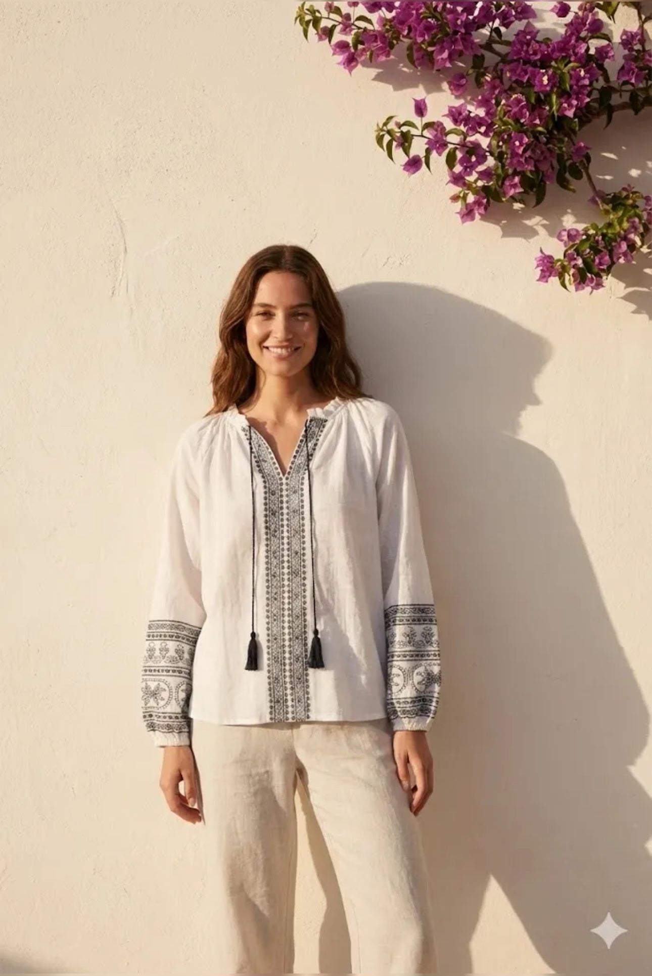 Chemise Femme Bohème Écrue Brodée Motifs Ethniques Manches Longues