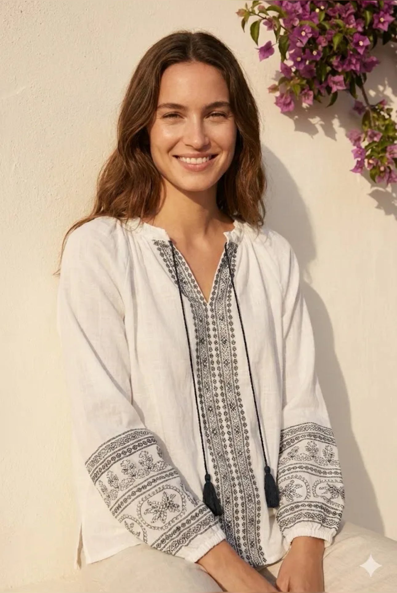 Chemise Femme Bohème Écrue Brodée Motifs Ethniques Manches Longues