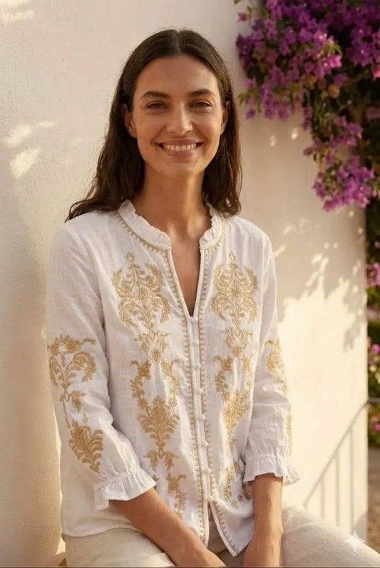 Chemise Femme Blanche Brodée Motifs Baroques Dorés